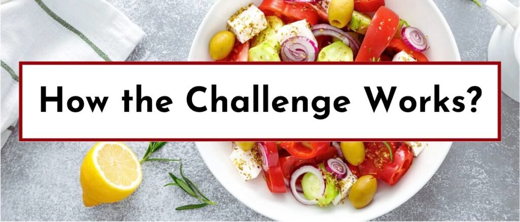 An overhead shot of a vibrant Greek salad sits atop a text banner that asks, "How the Challenge Works?"